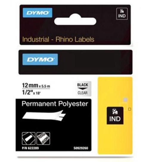 622289 Dymo 12mm Permanent Polyester Label Tape (Black on Clear)
