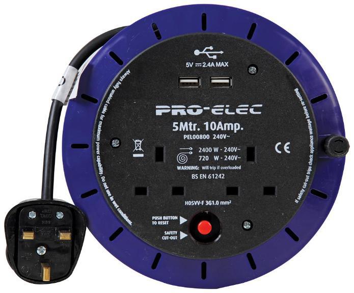 10A 2-Gang Cassette Reel Mains Extension with 2x USB Charging Ports, 5m - PRO ELEC