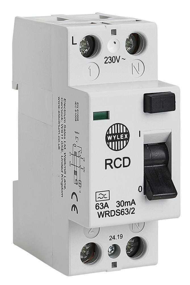 63A 2-Pole RCD, DC Sensitive, 30mA - WYLEX