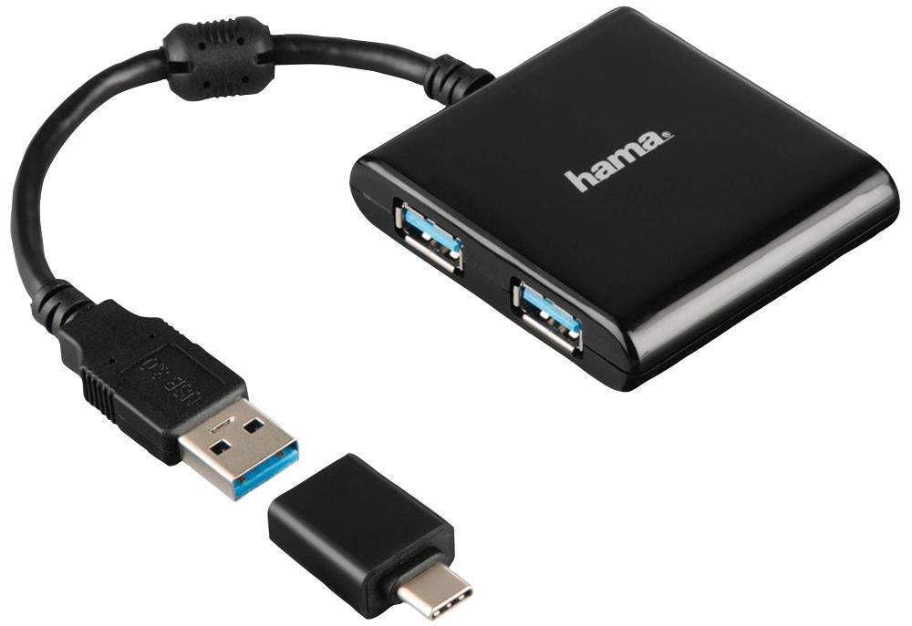 4 Port USB 3.1 Hub with USB-C Adaptor, Black - HAMA