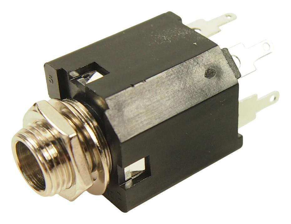 6.35mm (1/4") PCB Vertical PCN Mounting Stereo Jack Socket with Nut, 5 Contacts, 1 Switching Contact, 2 Breaking Contact - FM6700
