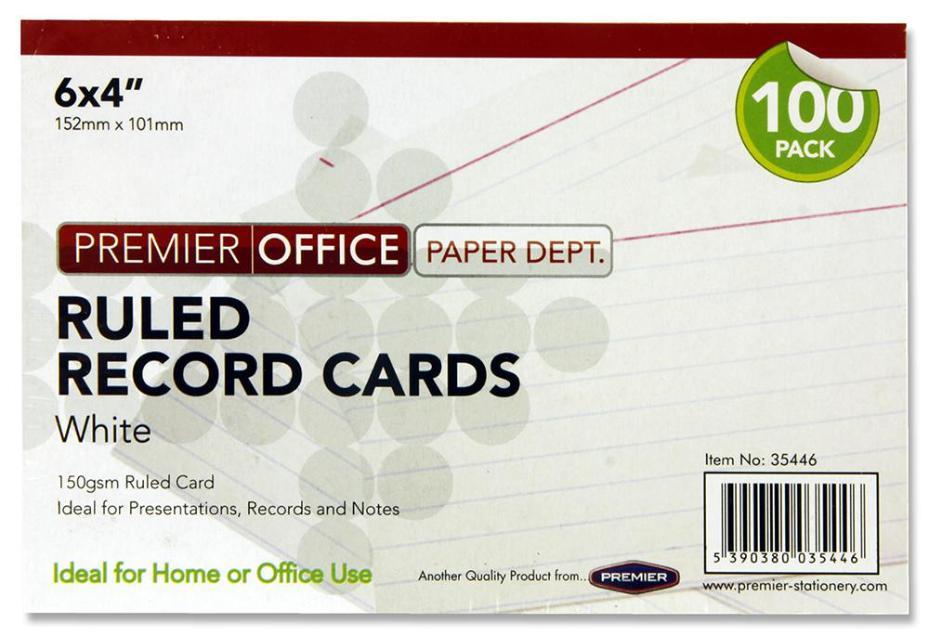 152mm x 101mm Ruled Record Cards, White 100 Pack - A2835446