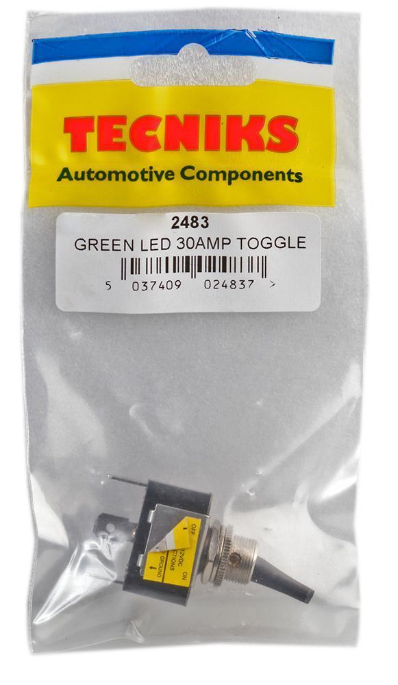 LED Toggle Switch, Panel Mount, On Off, Latching, 12V DC, 30A, Green - 2483