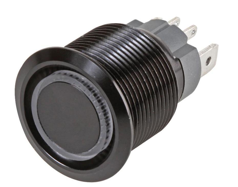 Vandal Resistant Latching Switch with 12V RGB LED, 24V DC, 5A, 1NO / SPST, 19mm - RJS107-19LA-F-R-RGB-BLK-24V-67J