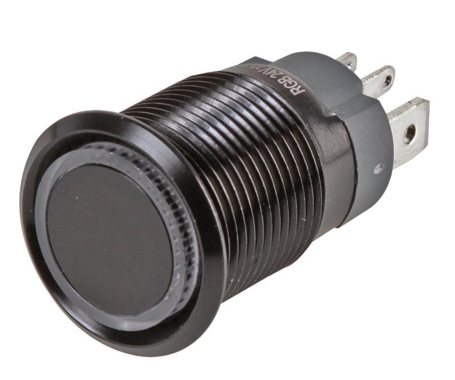 Vandal Resistant Latching Switch with 12V RGB LED, 24V DC, 5A, 1NO / SPST, 16mm - RJS107-16LA-F-R-RGB-BLK-24V-67J