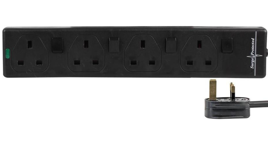 4 Gang Switched Surge Protected Mains Extension Lead, Black, 6m Lead - PELB1166