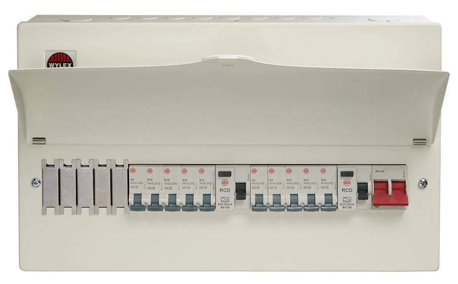 13 Way High Integrity Consumer Unit, 100A Switch, 2x 80A, 30mA RCDs, 10x MCBs - GB6:WNM1770