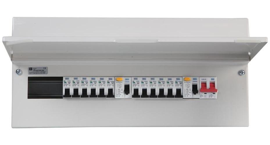 16-Way Populated Dual RCD Consumer Unit, 100A Switch, 1x 63A & 1x 80A, 30mA RCDs, 12x MCBs, Type A - CFUDP18616A-01