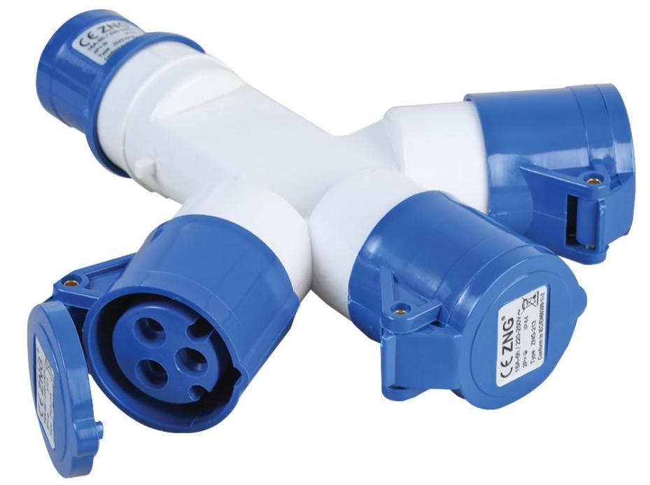 16A, 230V, CEE Plug to 3 Sockets, 2P+E, Blue, IP44 - PELB0127