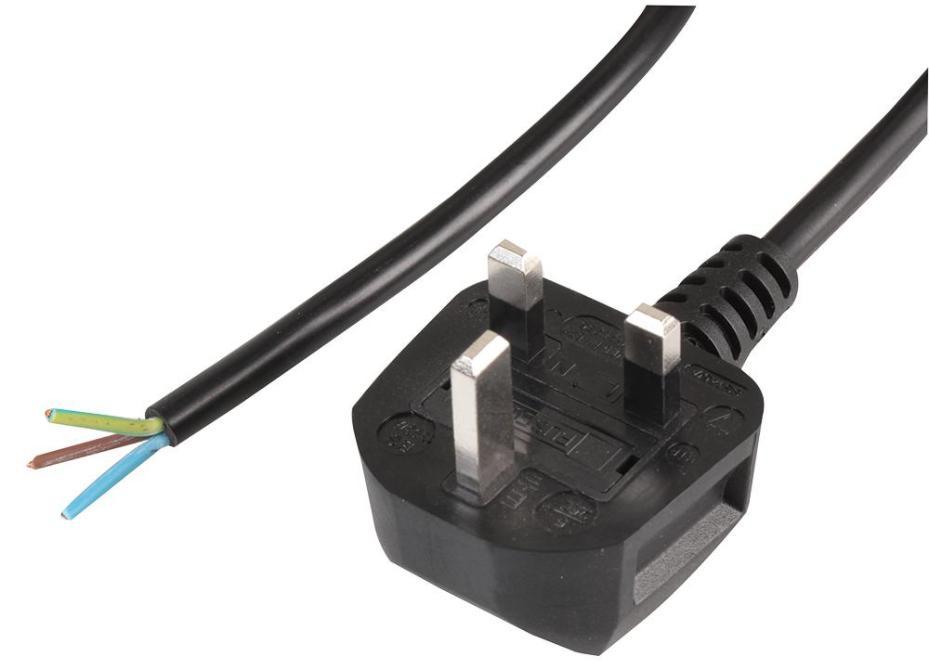 13A UK Plug to Bare Ends Mains Cable, 1.0mm, Black, 1m - PEL01286