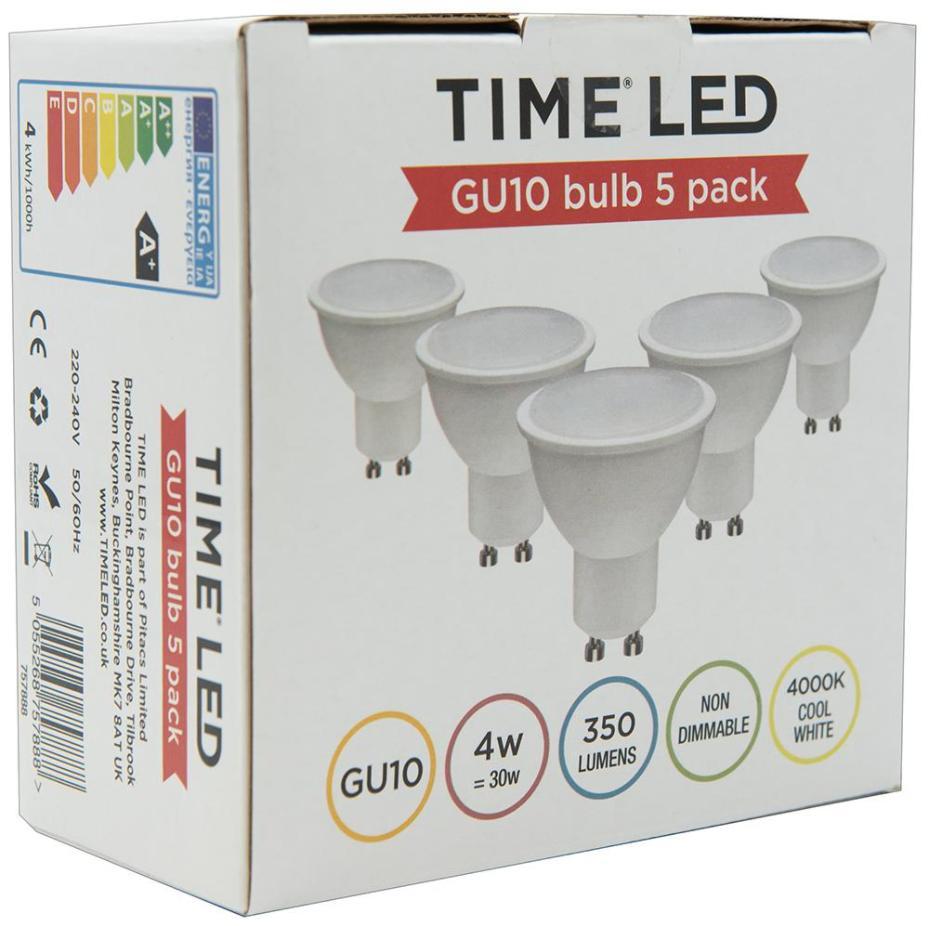 4W GU10 LED Lamps, 350lm, 4000K, Pack of 5 - 757888