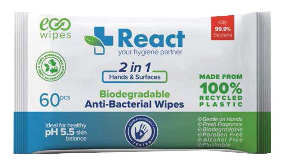 Biodegradable Antibacterial Hand & Surface Cleaning Wipes, 60 Pack - REACT-60