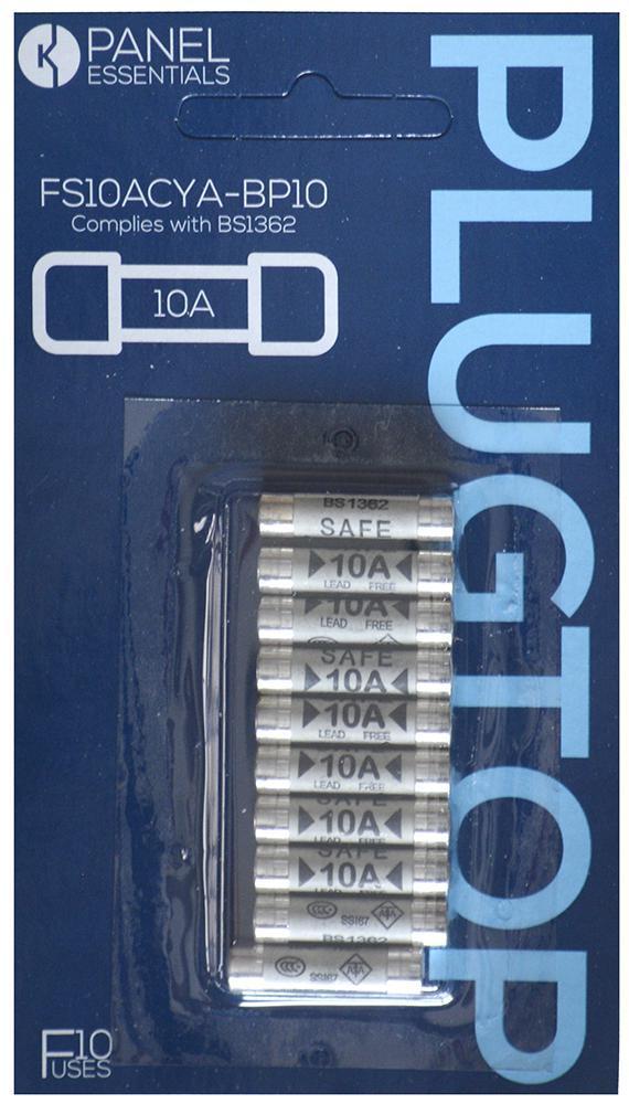 10A Domestic Fuses, BS1362, Pack of 10 - FS10ACYA-BP10