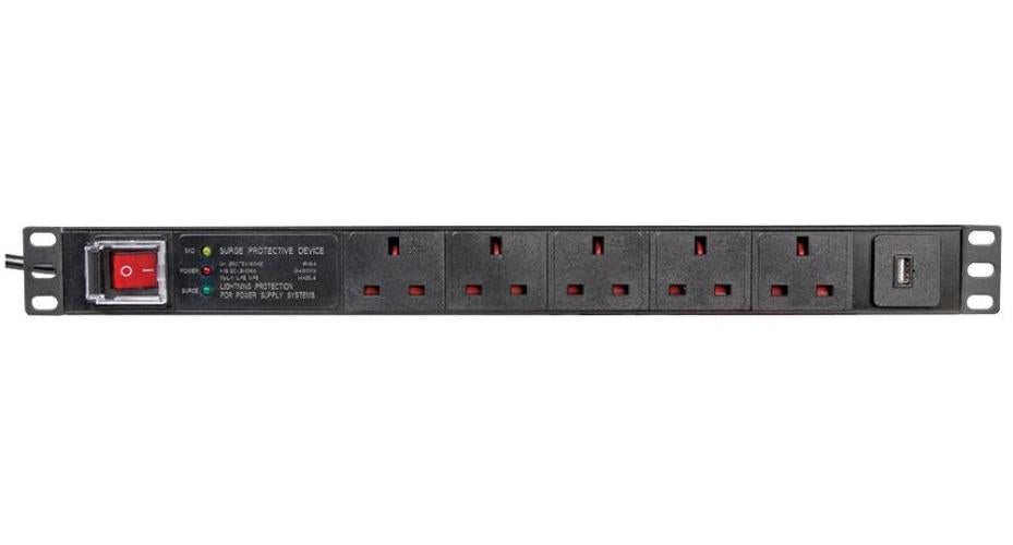 5 Way UK + USB PDU with Surge Protection, 19" 1U - PDS5-USB-SRG
