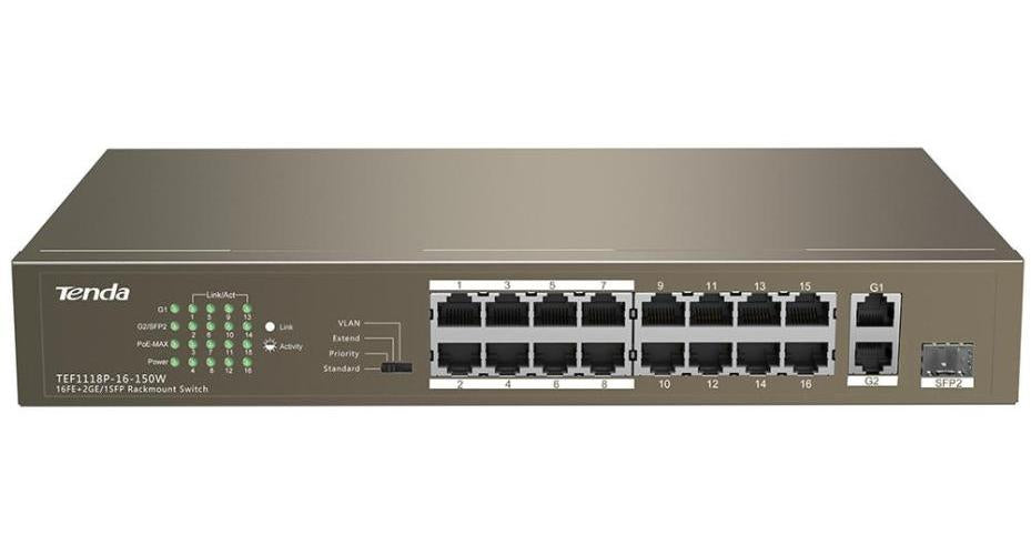 16 Port PoE Fast Ethernet Desktop Switch with 2x Gigabit Ports & SFP Slot - TEF1118P-16-150W