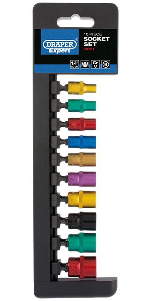 1/4" Square Drive Coloured Socket Set, 10 Piece - 50151