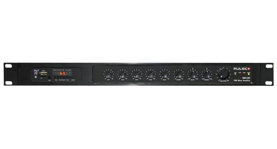 120W 100V PA Mixer Amplifier with USB/FM and BT, 19" 1U Rack Mount - VMA120D