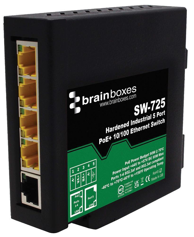 5 Port Industrial Unmanaged PoE+ Fast Ethernet Switch, Hardened - SW-725