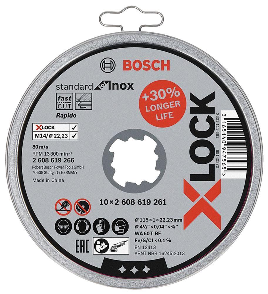 4 1/2" (115mm x 1mm x 22.23mm) Angle Grinder X-LOCK Inox Cutting Discs, 10 Pack - 2608619266
