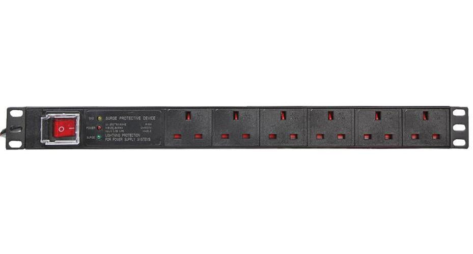 6 Way UK PDU with 16A Plug and Surge Protection, 19" 1U - PDS6-SRG-16A