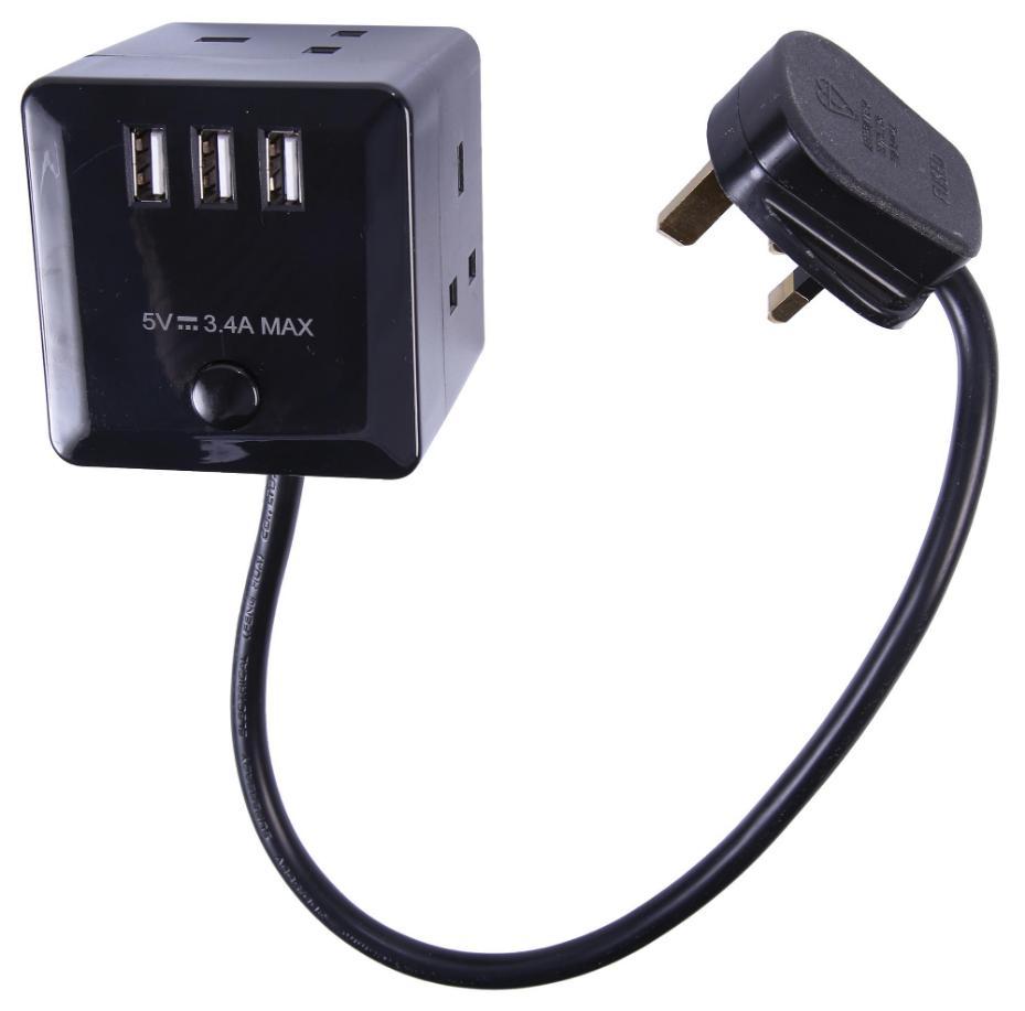 Cube Mains Extension Lead with USB Charging, 3 Gang, 2m, Black - PELB1483