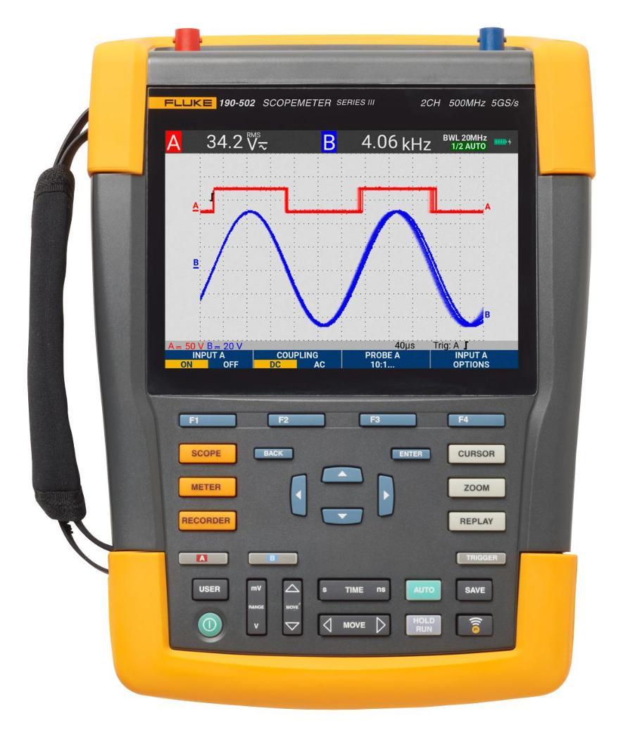 ScopeMeter Handheld Digital Oscilloscope with DMM/Ext. Input & SCC-293 Kit, 2 Channel, 500MHz, IP51 - FLUKE-190-502-III-S