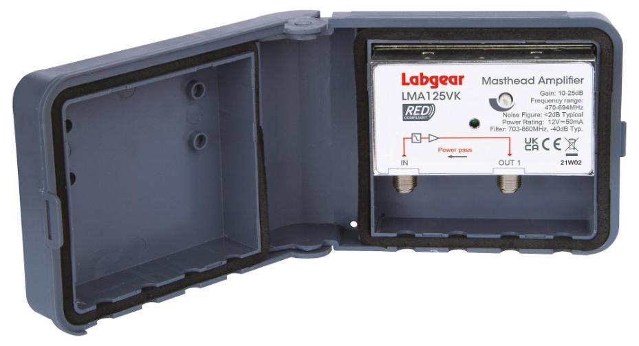 Masthead Amplifier with 4G/5G Filtering, 1 Input, 1 Output, 10-25dB, RED Compliant - LMA125VK