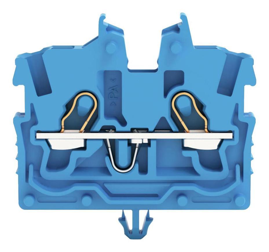 2 Conductor Miniature Through Terminal Block with Operating Slots, Push In and Snap-in Mounting foot, Cage Clamp, 24AWG to 16AW - 2050-314