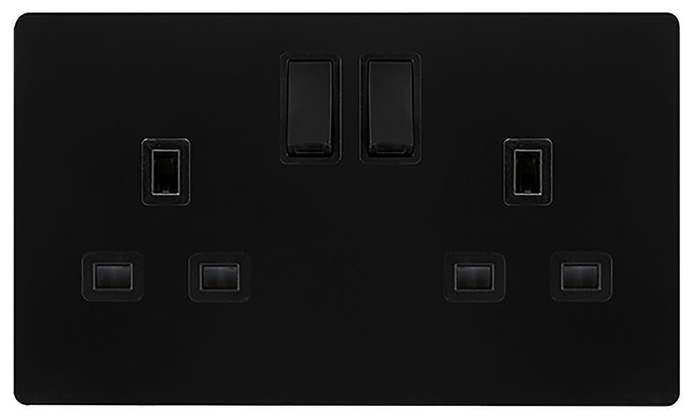 Switched Socket, 2 Gang, Double Pole, 13A, Black - SFBK036BK