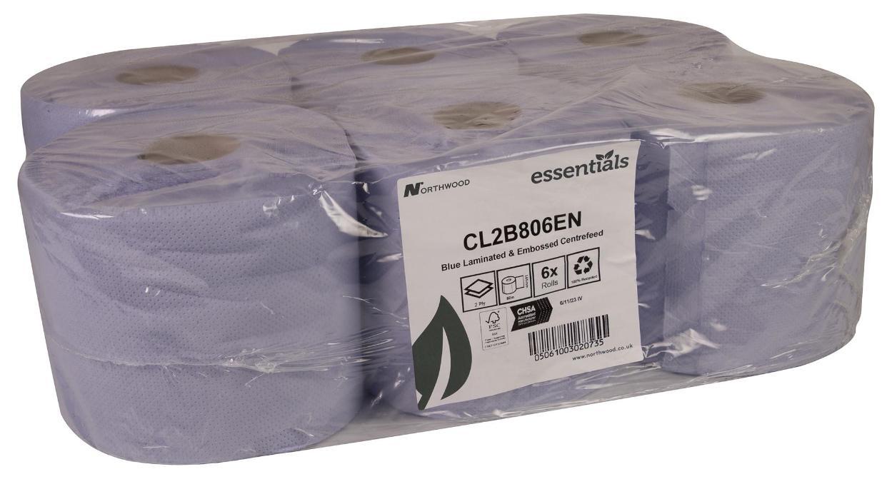 168mm x 80m 2ply Centrefeed Blue Roll, 6 Pack - CL2B806E