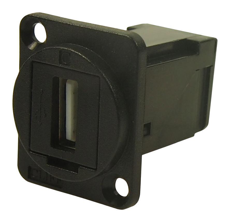 USB 2.0 Type A Socket to USB 2.0 Type A Right Angle Socket Feedthrough Connector, Black, Plastic Frame, CSK Holes - CP30254