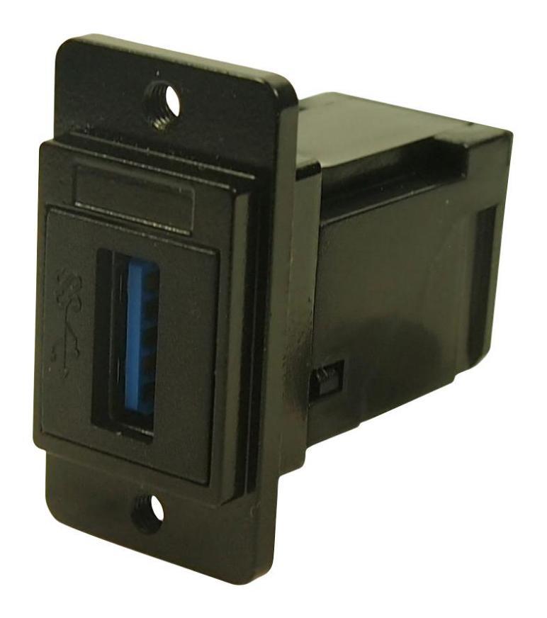 Dual Slim USB 3.0 Type A Socket to USB 3.0 Type A Right Angle Socket Feedthrough Connector, Black, Metal Frame, M3 Holes - CP30755MB3