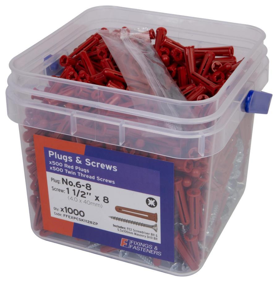 Red Wall Plugs & Twin Thread Screws Set, 1000 Piece - FFEXPCSK1128ZP