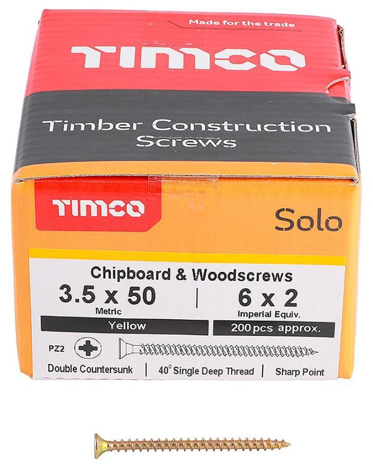 3.5mm x 50mm Pozidriv Double Countersunk ZYP Solo Chipboard & Wood Screws, 200 Pack - 35050SOLOC