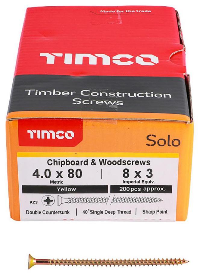 4mm x 80mm Pozidriv Double Countersunk ZYP Chipboard & Wood Screws, 200 Pack - 40080SOLOC