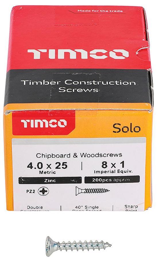 4mm x 25mm Pozidriv Double Countersunk ZP Solo Chipboard & Wood Screws, 200 Pack - 40025SOLOZ