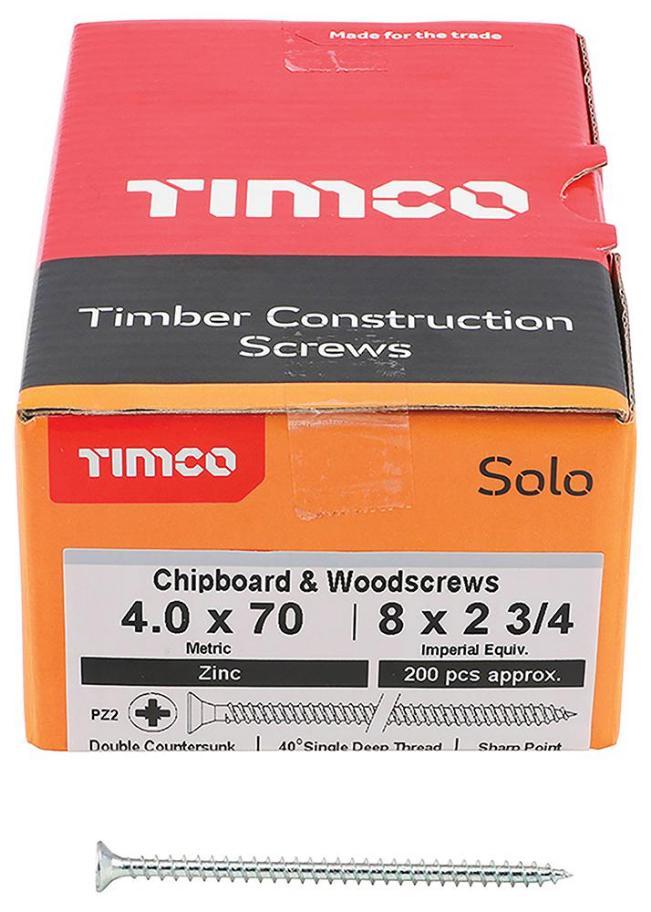 4mm x 70mm Pozidriv Double Countersunk ZP Solo Chipboard & Wood Screws, 200 Pack - 40070SOLOZ