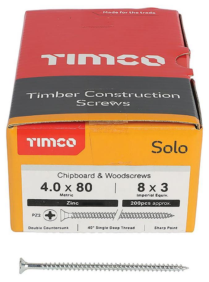 4mm x 80mm Pozidriv Double Countersunk ZP Solo Chipboard & Wood Screws, 200 Pack - 40080SOLOZ