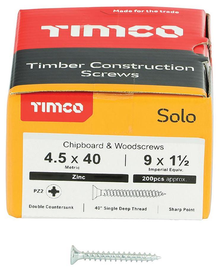 4.5mm x 40mm Pozidriv Double Countersunk ZP Solo Chipboard & Wood Screws, 200 Pack - 45040SOLOZ