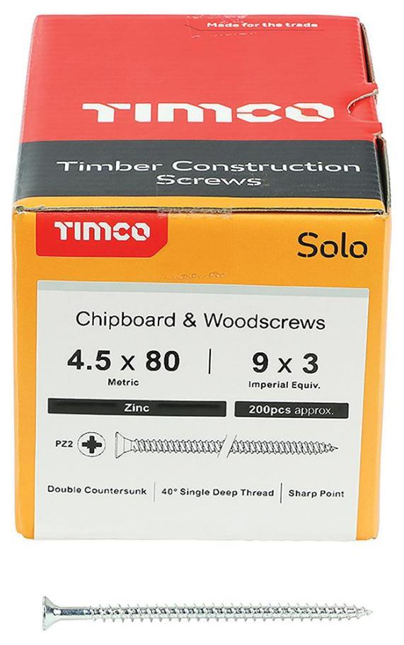 4.5mm x 80mm Pozidriv Double Countersunk ZP Solo Chipboard & Wood Screws, 200 Pack - 45080SOLOZ