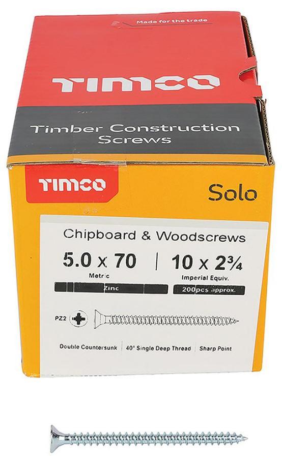 5mm x 70mm Pozidriv Double Countersunk ZP Solo Chipboard & Wood Screws, 200 Pack - 50070SOLOZ