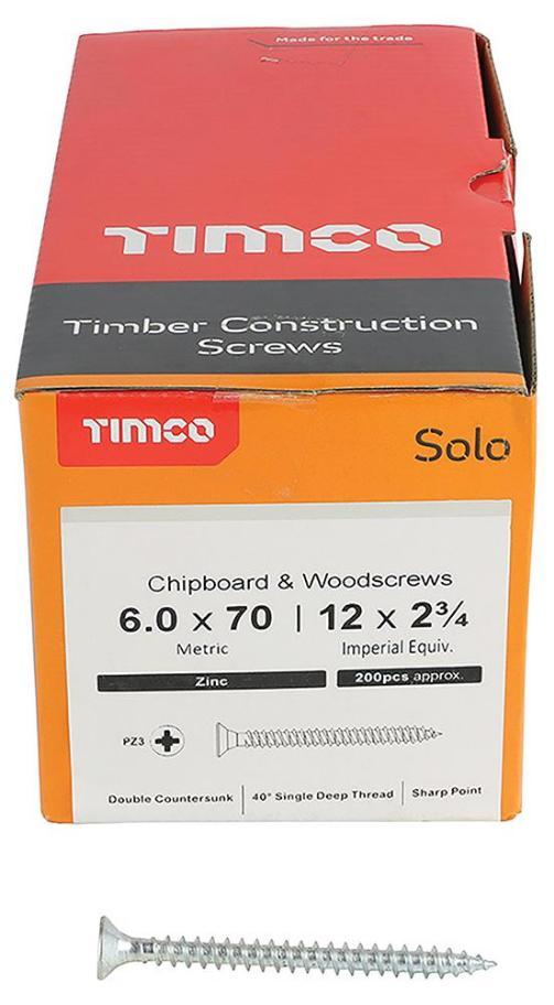 6mm x 70mm Pozidriv Double Countersunk ZP Solo Chipboard & Wood Screws, 200 Pack - 60070SOLOZ