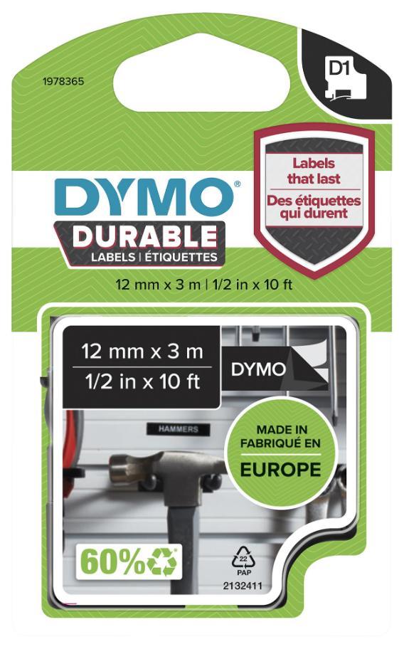 D1 Durable Label Tape - 12mm x 3m White on Black - 1978365