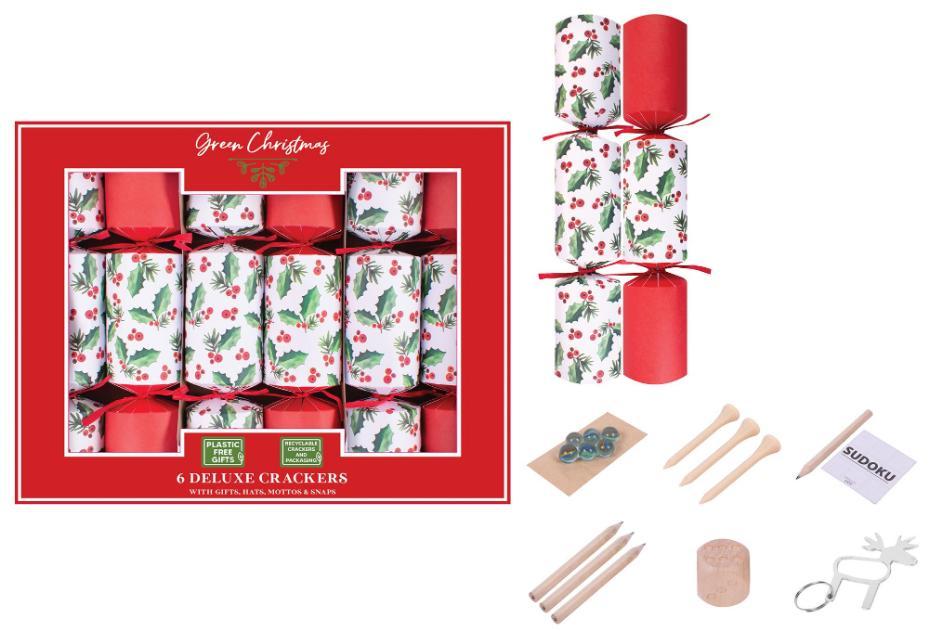 6x 13.5" Deluxe Eco Holly Christmas Crackers - XM6401