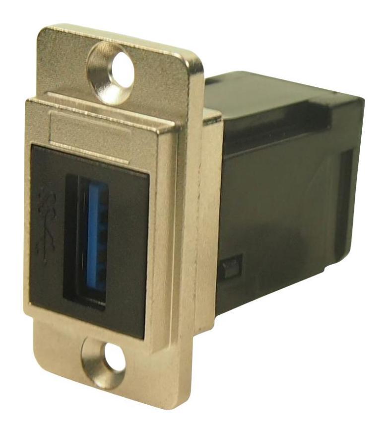 Dual Slim USB 3.0 Type A Socket to USB 3.0 Type A Right Angle Socket Feedthrough Connector, Nickel Frame, CSK Holes - CP30755M