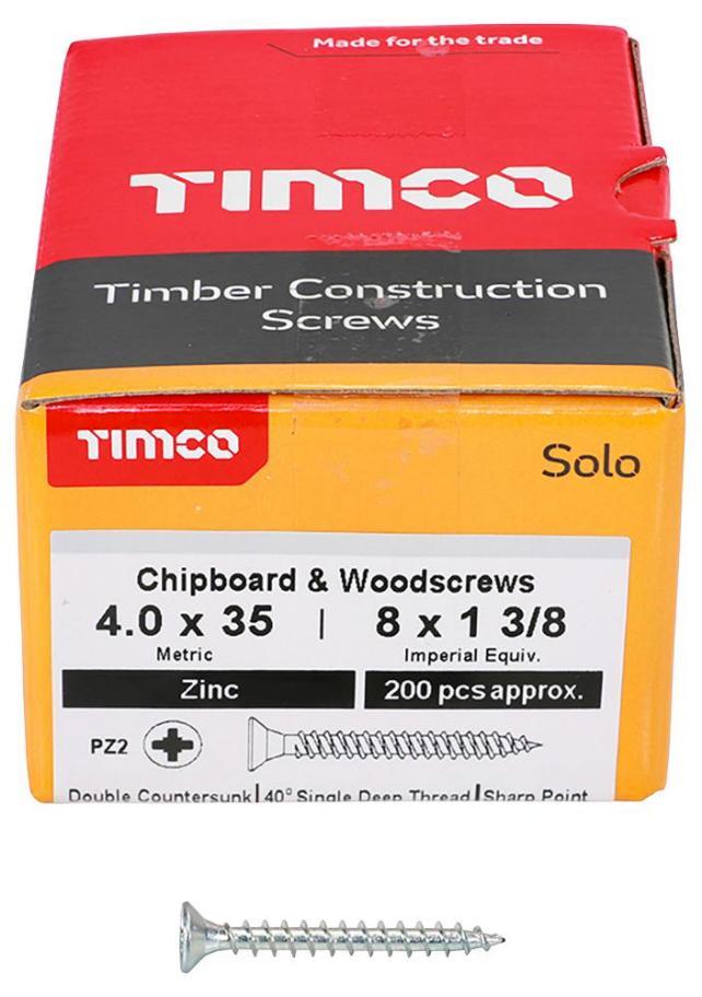 4mm x 35mm Pozidriv Double Countersunk ZP Solo Chipboard & Wood Screws, 200 Pack - 40035SOLOZ