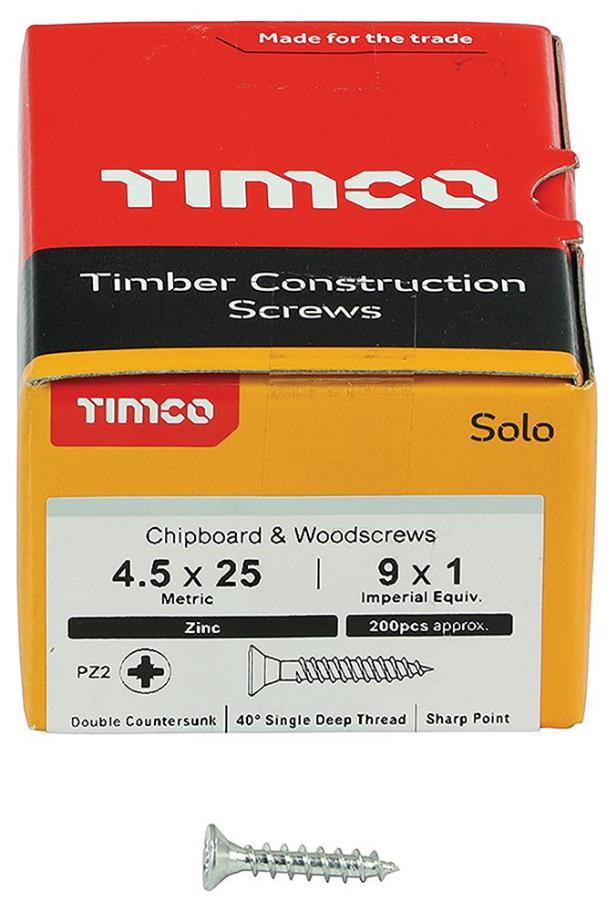 4.5mm x 25mm Pozidriv Double Countersunk ZP Solo Chipboard & Wood Screws, 200 Pack - 45025SOLOZ