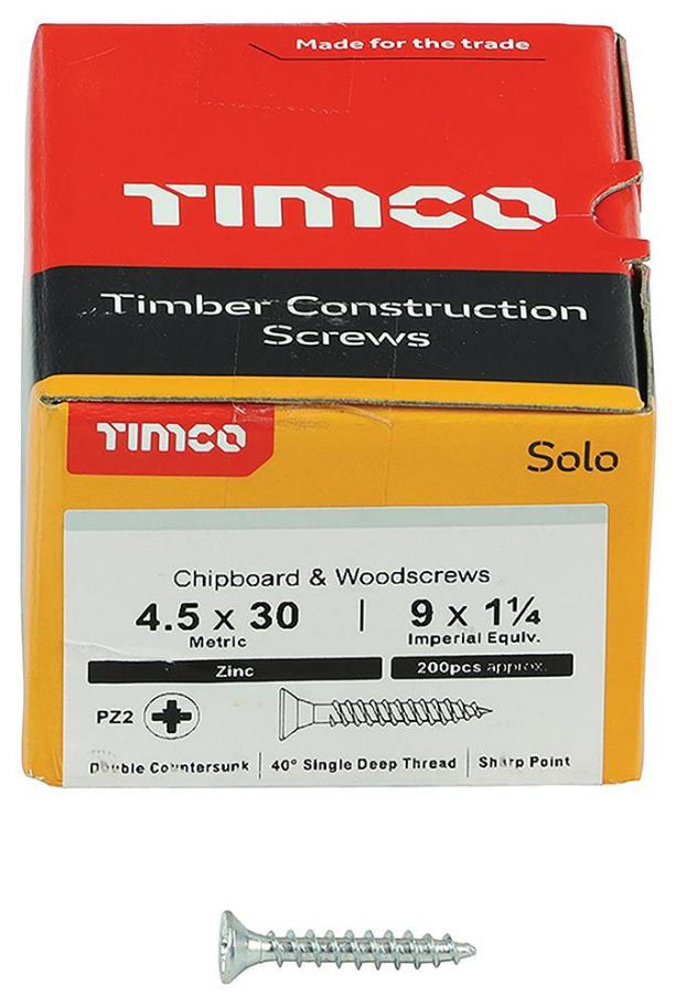 4.5mm x 30mm Pozidriv Double Countersunk ZP Solo Chipboard & Wood Screws, 200 Pack - 45030SOLOZ
