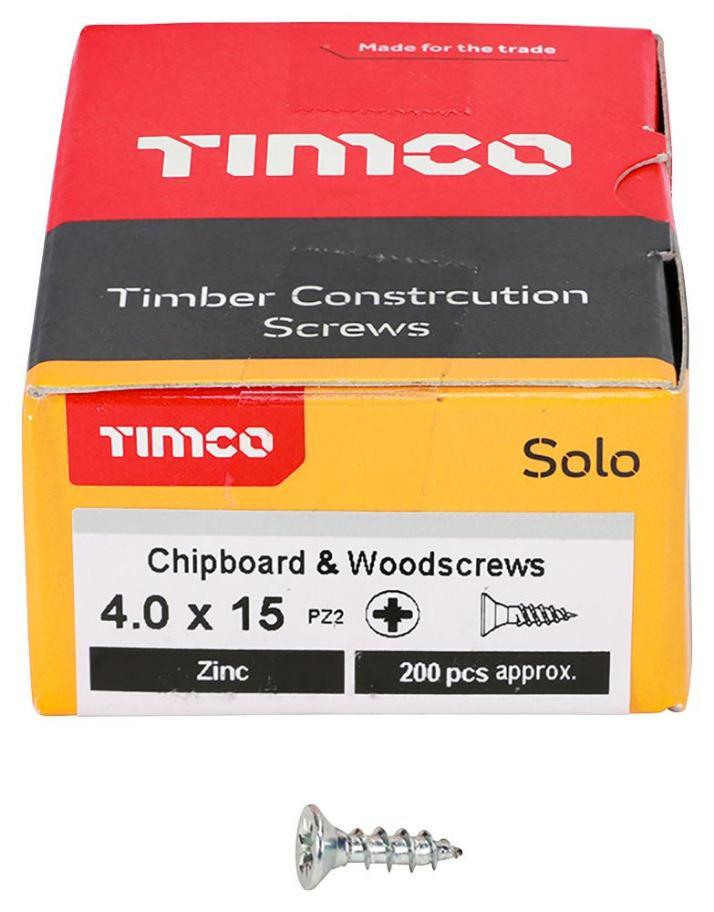 4mm x 15mm Pozidriv Double Countersunk ZP Solo Chipboard & Wood Screws, 200 Pack - 40015SOLOZ