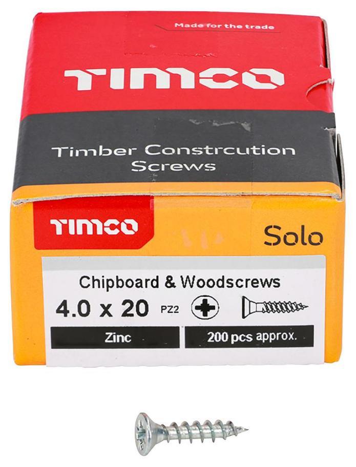 4mm x 20mm Pozidriv Double Countersunk ZP Solo Chipboard & Wood Screws, 200 Pack - 40020SOLOZ